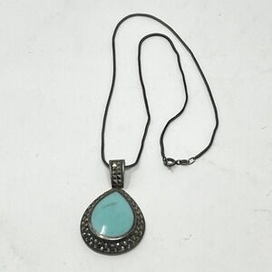 Vintage Sterling Silver‎ Turquoise Marcasite Pendant Victorian Style Necklace